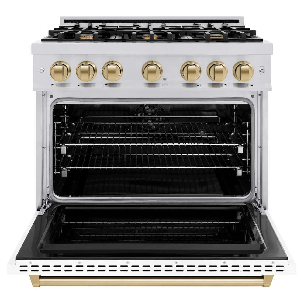 ZLINE Autograph Edition 36 in. 5.2 cu. ft. Classic Dual Fuel Range with 6 Burner Gas Cooktop and Electric Convection Oven in Stainless Steel with White Matte Door and Champagne Bronze Accents (CDRZ-WM-36-CB) front, oven open.