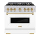 ZLINE Autograph Edition 36 in. 5.2 cu. ft. Classic Dual Fuel Range with 6 Burner Gas Cooktop and Electric Convection Oven in Stainless Steel with White Matte Door and Champagne Bronze Accents (CDRZ-WM-36-CB) front, oven closed.
