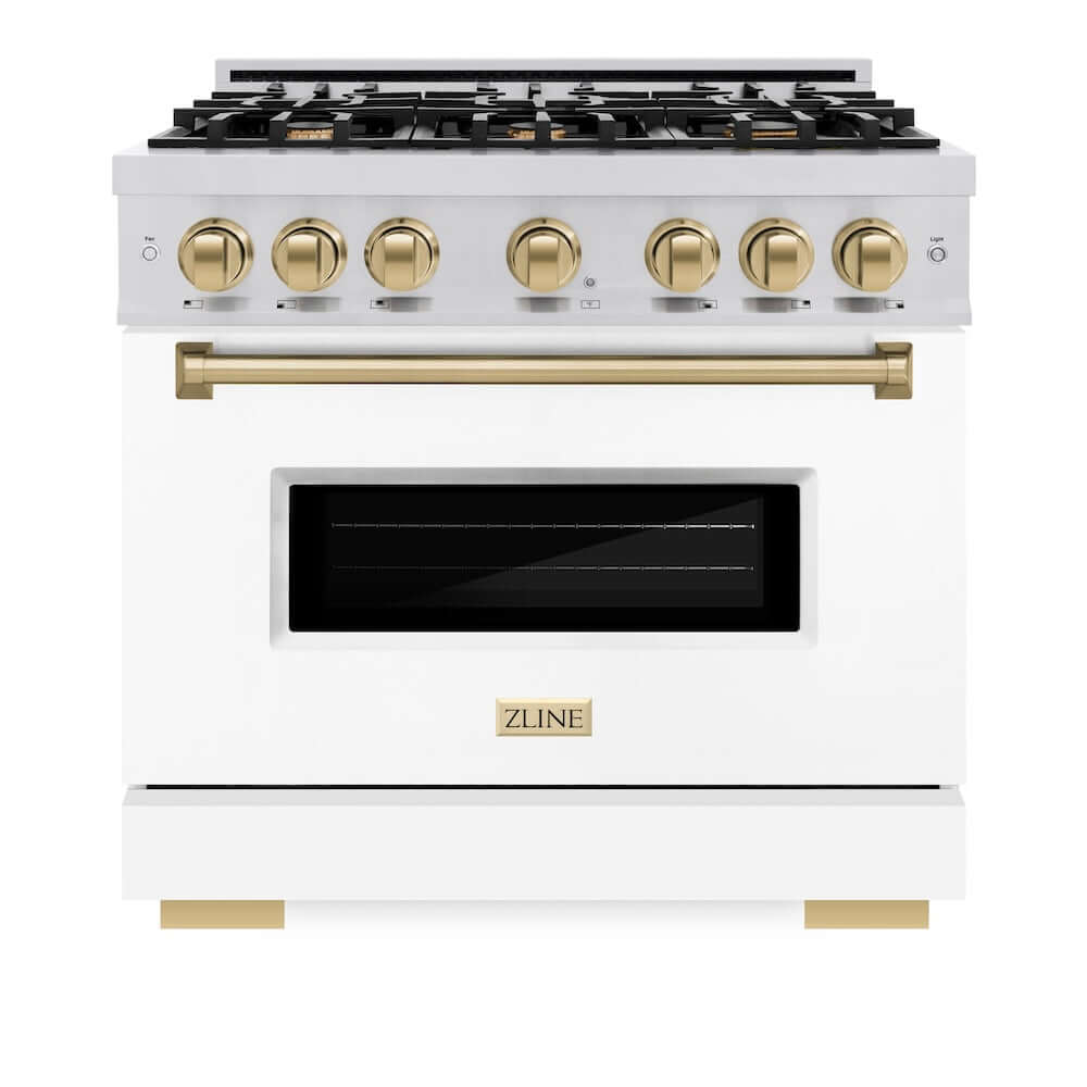 ZLINE Autograph Edition 36 in. 5.2 cu. ft. Classic Dual Fuel Range with 6 Burner Gas Cooktop and Electric Convection Oven in Stainless Steel with White Matte Door and Champagne Bronze Accents (CDRZ-WM-36-CB) front, oven closed.