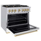 ZLINE Autograph Edition 36 in. 5.2 cu. ft. Classic Dual Fuel Range with 6 Burner Gas Cooktop and Electric Convection Oven in Stainless Steel with White Matte Door and Champagne Bronze Accents (CDRZ-WM-36-CB) side, open.
