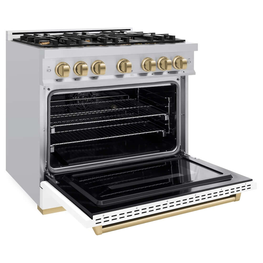 ZLINE Autograph Edition 36 in. 5.2 cu. ft. Classic Dual Fuel Range with 6 Burner Gas Cooktop and Electric Convection Oven in Stainless Steel with White Matte Door and Champagne Bronze Accents (CDRZ-WM-36-CB) side, open.