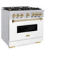 ZLINE Autograph Edition 36 in. 5.2 cu. ft. Classic Dual Fuel Range with 6 Burner Gas Cooktop and Electric Convection Oven in Stainless Steel with White Matte Door and Champagne Bronze Accents (CDRZ-WM-36-CB) side, oven closed.