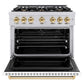 ZLINE Autograph Edition 36 in. 5.2 cu. ft. Classic Dual Fuel Range with 6 Burner Gas Cooktop and Electric Convection Oven in Stainless Steel with White Matte Door and Polished Gold Accents (CDRZ-WM-36-G) front, oven open.