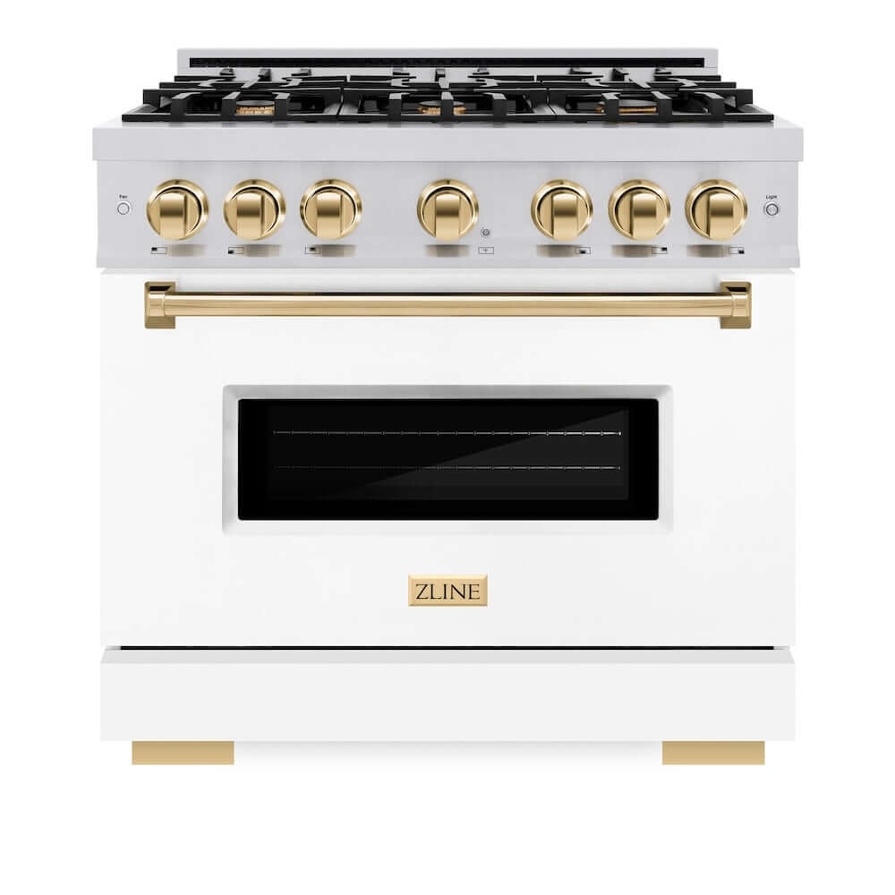 ZLINE Autograph Edition 36 in. 5.2 cu. ft. Classic Dual Fuel Range with 6 Burner Gas Cooktop and Electric Convection Oven in Stainless Steel with White Matte Door and Polished Gold Accents (CDRZ-WM-36-G) front, oven closed.
