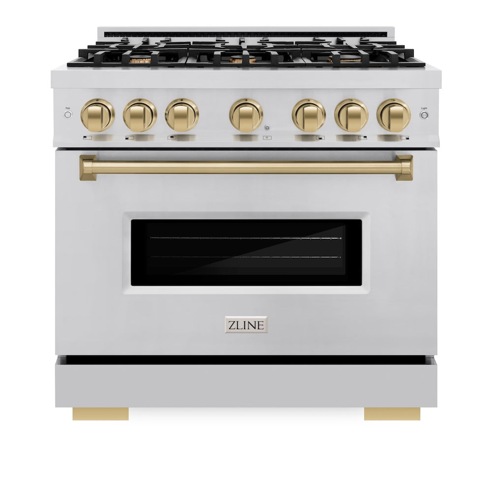 ZLINE Autograph Edition 36 in. 5.2 cu. ft. Classic Gas Range with 6 Burner Cooktop and Convection Gas Oven in Stainless Steel and Champagne Bronze Accents (CGRZ-36-CB)