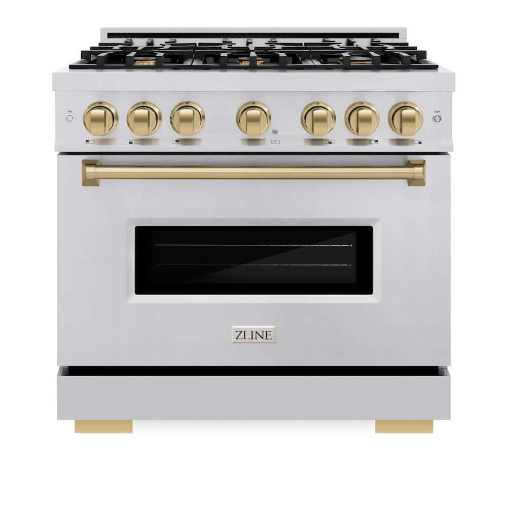 ZLINE Autograph Edition 36 in. 5.2 cu. ft. Classic Gas Range with 6 Burner Cooktop and Convection Gas Oven in Stainless Steel and Champagne Bronze Accents (CGRZ-36-CB) front, oven closed.