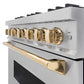 ZLINE Autograph Edition 36 in. 5.2 cu. ft. Classic Gas Range with 6 Burner Cooktop and Convection Gas Oven in Stainless Steel and Polished Gold Accents (CGRZ-36-G) close-up detail, oven door partially open.