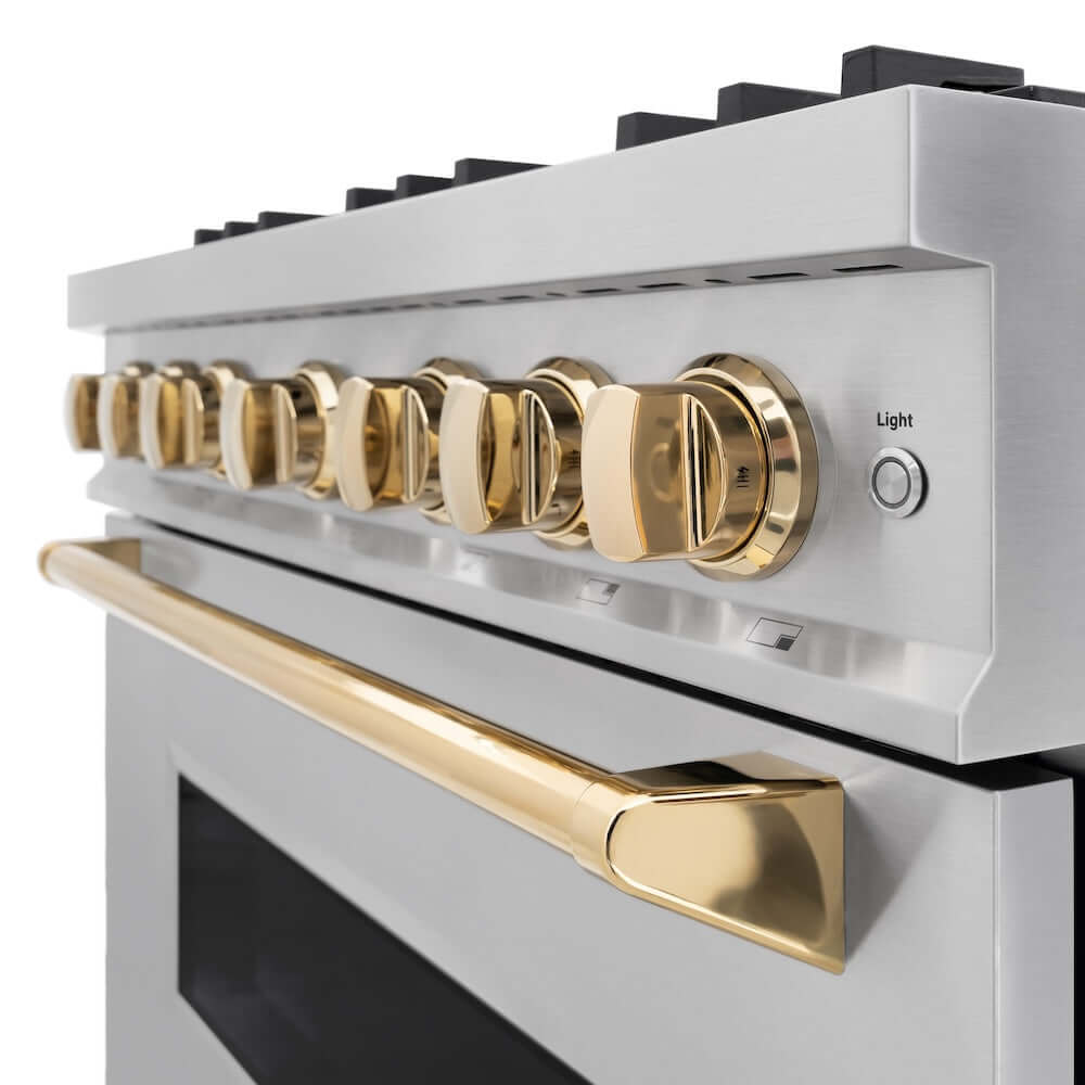 ZLINE Autograph Edition 36 in. 5.2 cu. ft. Classic Gas Range with 6 Burner Cooktop and Convection Gas Oven in Stainless Steel and Polished Gold Accents (CGRZ-36-G) close-up detail, oven door partially open.