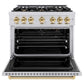 ZLINE Autograph Edition 36 in. 5.2 cu. ft. Classic Gas Range with 6 Burner Cooktop and Convection Gas Oven in Stainless Steel and Polished Gold Accents (CGRZ-36-G) front, oven open.