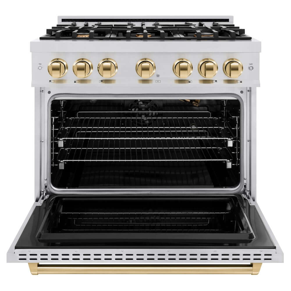 ZLINE Autograph Edition 36 in. 5.2 cu. ft. Classic Gas Range with 6 Burner Cooktop and Convection Gas Oven in Stainless Steel and Polished Gold Accents (CGRZ-36-G) front, oven open.