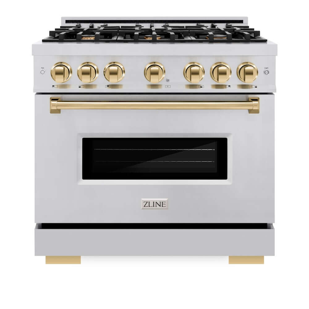 ZLINE Autograph Edition 36 in. 5.2 cu. ft. Classic Gas Range with 6 Burner Cooktop and Convection Gas Oven in Stainless Steel and Polished Gold Accents (CGRZ-36-G) front, oven closed.