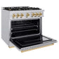 ZLINE Autograph Edition 36 in. 5.2 cu. ft. Classic Gas Range with 6 Burner Cooktop and Convection Gas Oven in Stainless Steel and Polished Gold Accents (CGRZ-36-G) side, open.