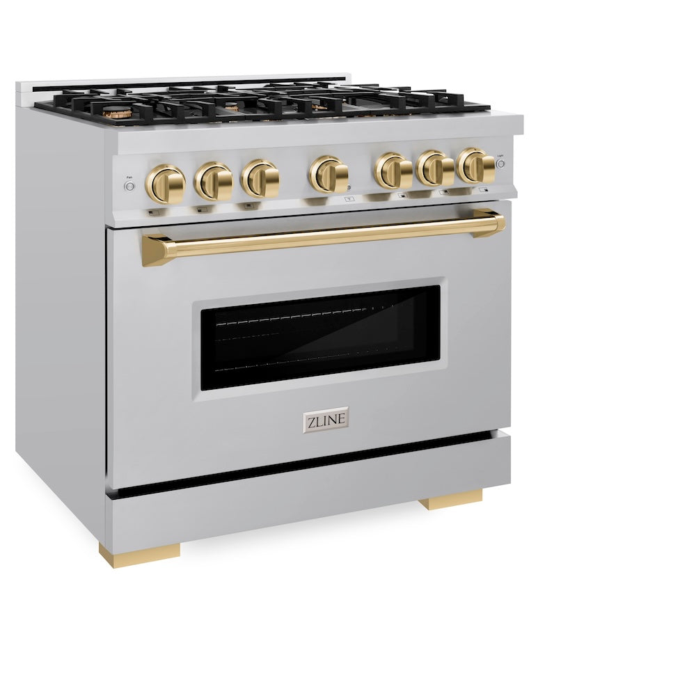 ZLINE Autograph Edition 36 in. 5.2 cu. ft. Classic Gas Range with 6 Burner Cooktop and Convection Gas Oven in Stainless Steel and Polished Gold Accents (CGRZ-36-G)