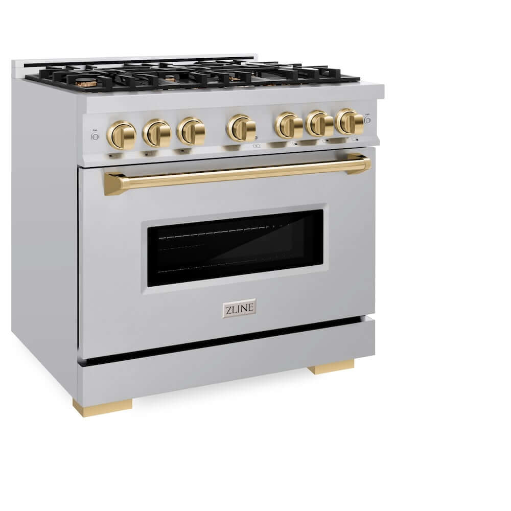 ZLINE Autograph Edition 36 in. 5.2 cu. ft. Classic Gas Range with 6 Burner Cooktop and Convection Gas Oven in Stainless Steel and Polished Gold Accents (CGRZ-36-G) side, oven closed.