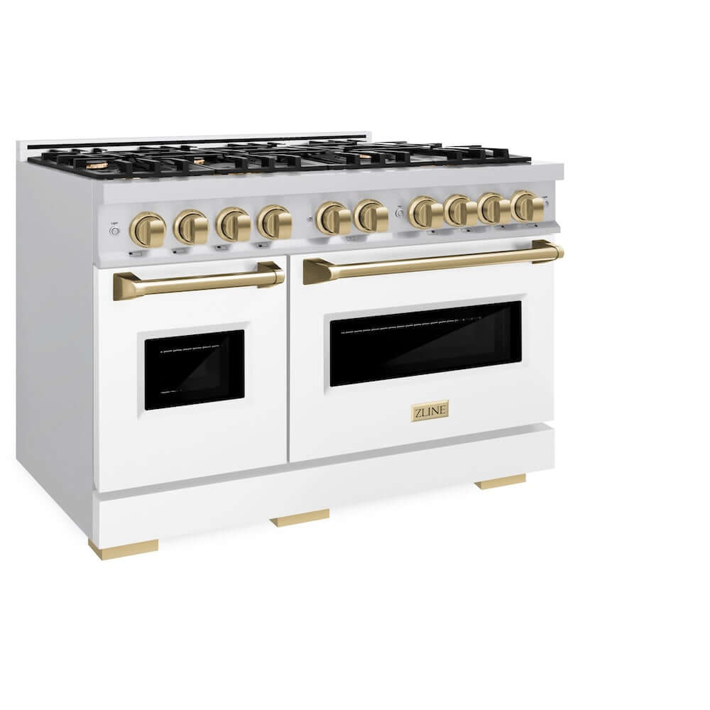 ZLINE Autograph Edition 48 in. 6.7 cu. ft. Classic Double Oven Dual Fuel Range with 8 Burner Gas Cooktop in Stainless Steel with White Matte Doors and Champagne Bronze Accents (CDRZ-WM-48-CB) side, oven closed.