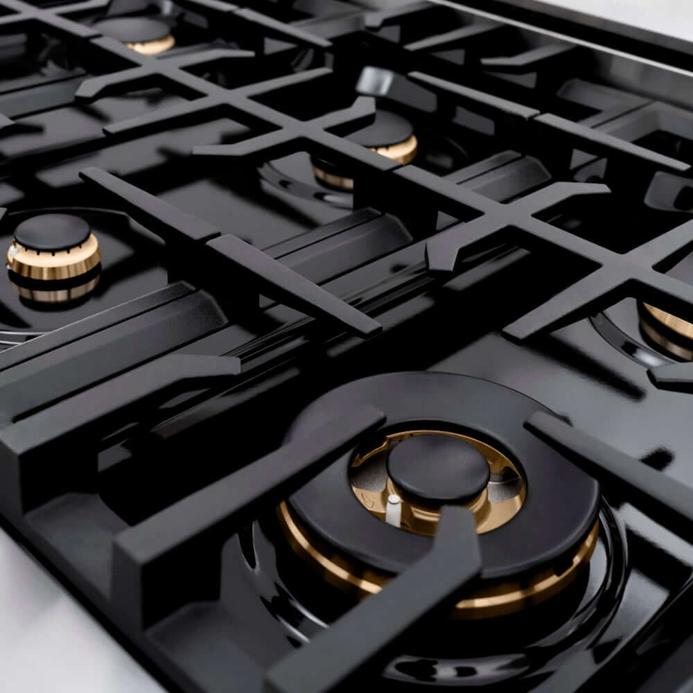 ZLINE Autograph Edition 48 in. 6.7 cu. ft. Classic Double Oven Dual Fuel Range with 8 Burner Gas Cooktop in Stainless Steel with White Matte Doors and Champagne Bronze Accents (CDRZ-WM-48-CB) close-up detail, dual function burner.