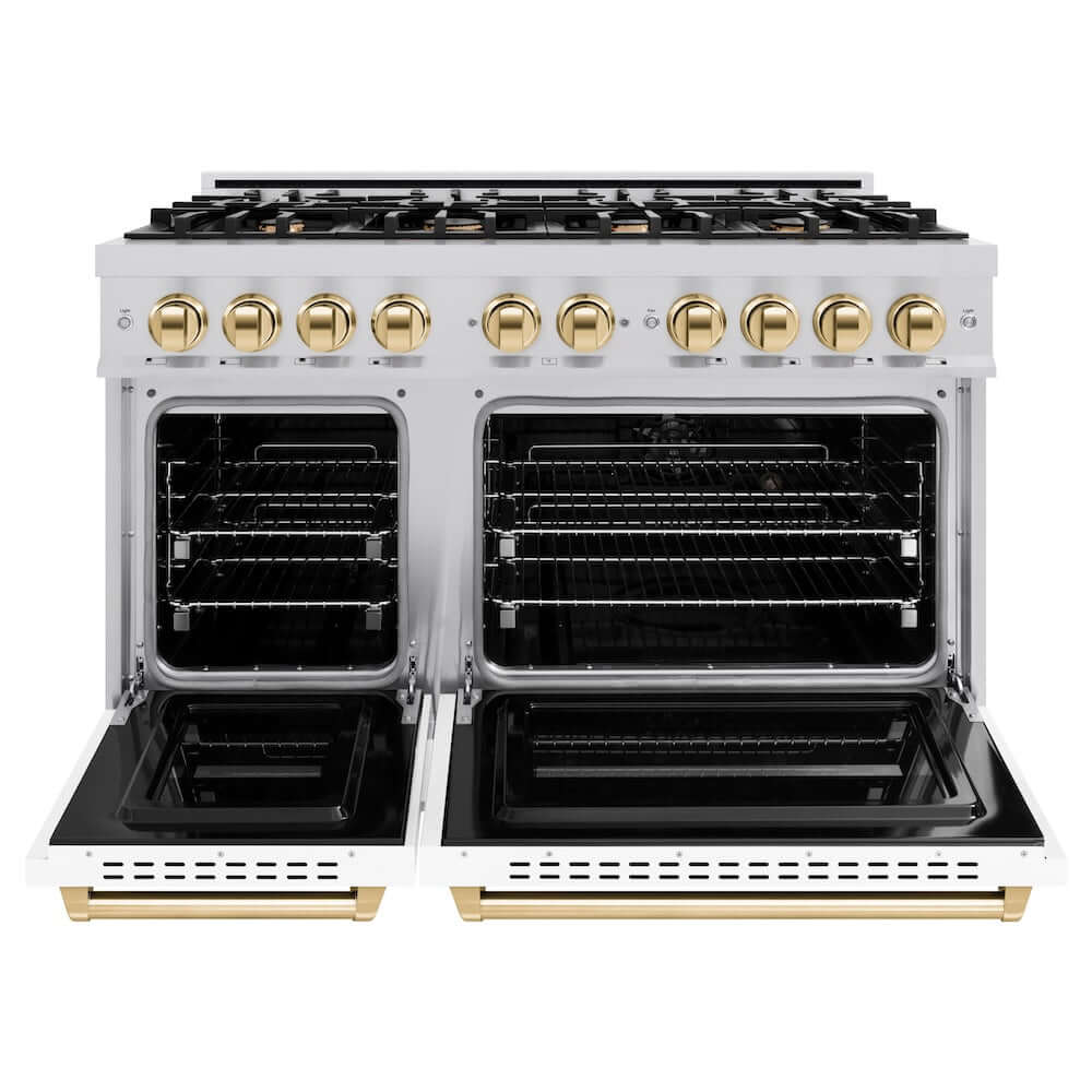 ZLINE Autograph Edition 48 in. 6.7 cu. ft. Classic Double Oven Dual Fuel Range with 8 Burner Gas Cooktop in Stainless Steel with White Matte Door and Polished Gold Accents (CDRZ-WM-48-G) front, oven open.