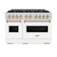 ZLINE Autograph Edition 48 in. 6.7 cu. ft. Classic Double Oven Dual Fuel Range with 8 Burner Gas Cooktop in Stainless Steel with White Matte Door and Polished Gold Accents (CDRZ-WM-48-G) front, oven closed.