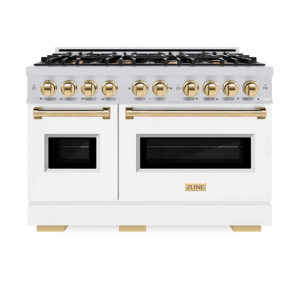 ZLINE Autograph Edition 48 in. 6.7 cu. ft. Classic Double Oven Dual Fuel Range with 8 Burner Gas Cooktop in Stainless Steel with White Matte Door and Polished Gold Accents (CDRZ-WM-48-G) front, oven closed.