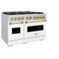 ZLINE Autograph Edition 48 in. 6.7 cu. ft. Classic Double Oven Dual Fuel Range with 8 Burner Gas Cooktop in Stainless Steel with White Matte Door and Polished Gold Accents (CDRZ-WM-48-G) side, oven closed.