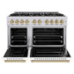 ZLINE Autograph Edition 48 in. 6.7 cu. ft. Classic Double Oven Gas Range with 8 Burner Cooktop in Stainless Steel with White Matte Doors and Champagne Bronze Accents (CGRZ-WM-48-CB) front, oven open.
