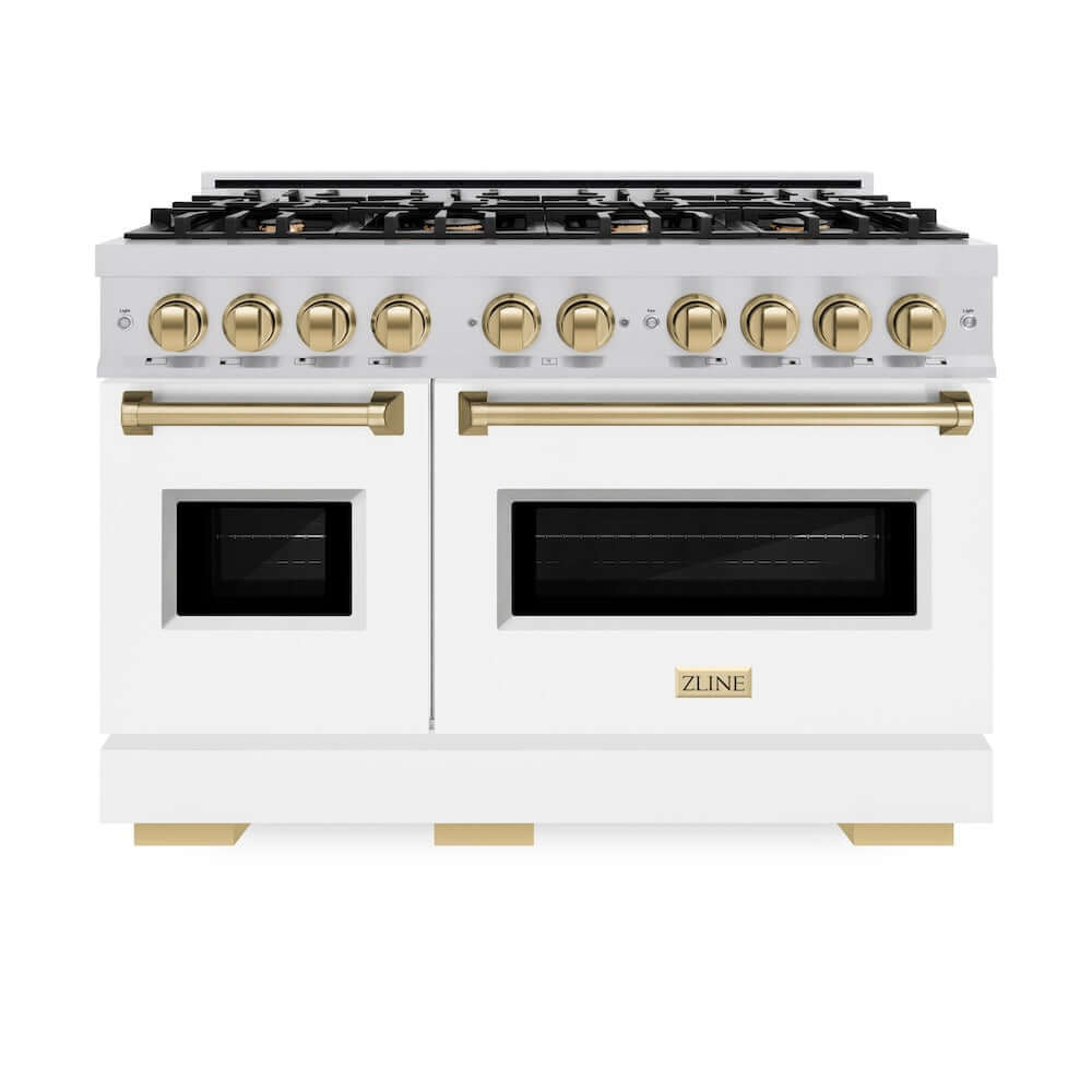 ZLINE Autograph Edition 48 in. 6.7 cu. ft. Classic Double Oven Gas Range with 8 Burner Cooktop in Stainless Steel with White Matte Doors and Champagne Bronze Accents (CGRZ-WM-48-CB) front, oven closed.
