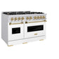 ZLINE Autograph Edition 48 in. 6.7 cu. ft. Classic Double Oven Gas Range with 8 Burner Cooktop in Stainless Steel with White Matte Doors and Champagne Bronze Accents (CGRZ-WM-48-CB) side, oven closed.