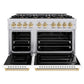 ZLINE Autograph Edition 48 in. 6.7 cu. ft. Classic Double Oven Gas Range with 8 Burner Cooktop in Stainless Steel with White Matte Doors and Polished Gold Accents (CGRZ-WM-48-G) front, oven open.