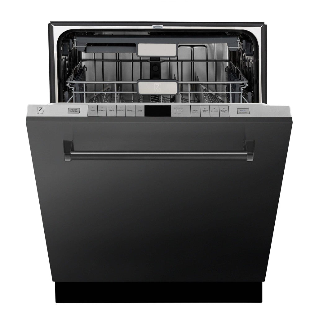 ZLINE 24 in. Monument Series 3rd Rack Top Touch Control Dishwasher in Black Stainless Steel with Stainless Steel Tub, 45dBa (DWMT-BS-24) front, half open.