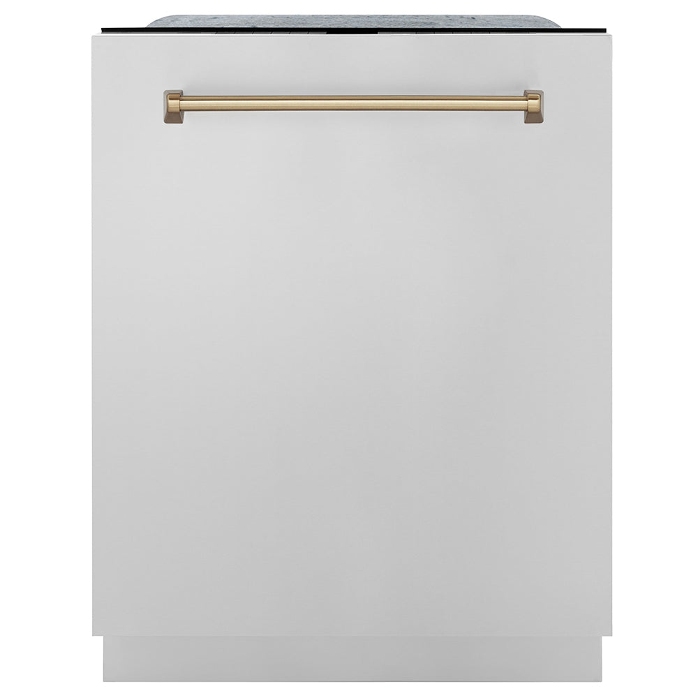 ZLINE Autograph Edition 24 in. Monument Series 3rd Rack Dishwasher with Auto Door Open Drying, 44dBa, Stainless Steel Panel with Champagne Bronze Handle (DWMTZ-304-24-CB) main image.