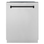ZLINE Autograph Edition 24 in. Monument Series 3rd Rack Top Control Built-In Tall Tub Dishwasher in Stainless Steel with Matte Black Handle, 45dBa (DWMTZ-304-24-MB) front, closed.