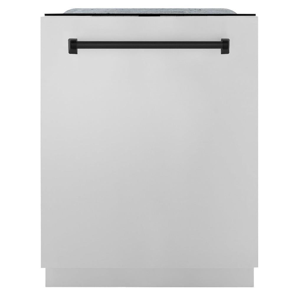 ZLINE Autograph Edition 24 in. Monument Series 3rd Rack Top Control Built-In Tall Tub Dishwasher in Stainless Steel with Matte Black Handle, 45dBa (DWMTZ-304-24-MB) front, closed.