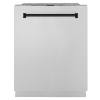 ZLINE Autograph Edition 24 in. Monument Series 3rd Rack Top Control Built-In Tall Tub Dishwasher in Stainless Steel with Matte Black Handle, 45dBa (DWMTZ-304-24-MB) front, closed.