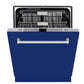 ZLINE 24 in. Monument Series 3rd Rack Top Touch Control Dishwasher in Blue Gloss with Stainless Steel Tub, 45dBa (DWMT-BG-24) front, half open.