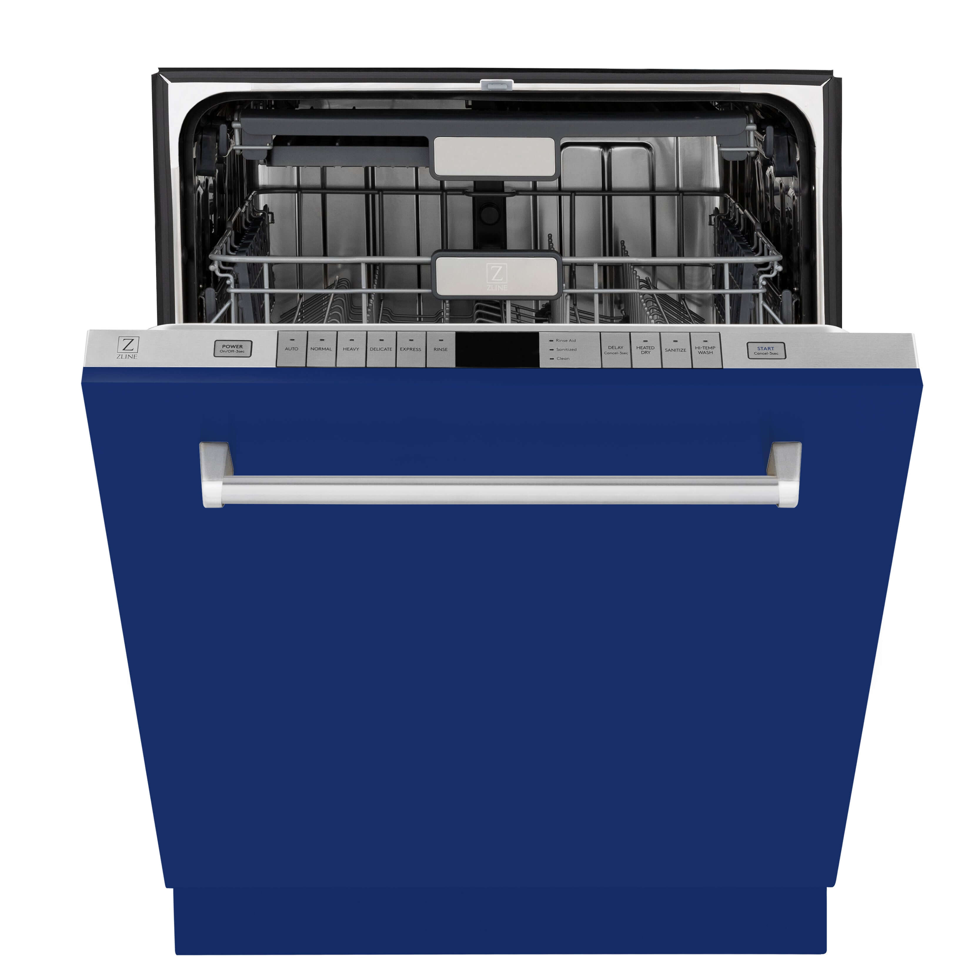  ZLINE 24 in. Monument Dishwasher with Blue Gloss Panel (DWMT-BG-24) Front View Door Partially Open