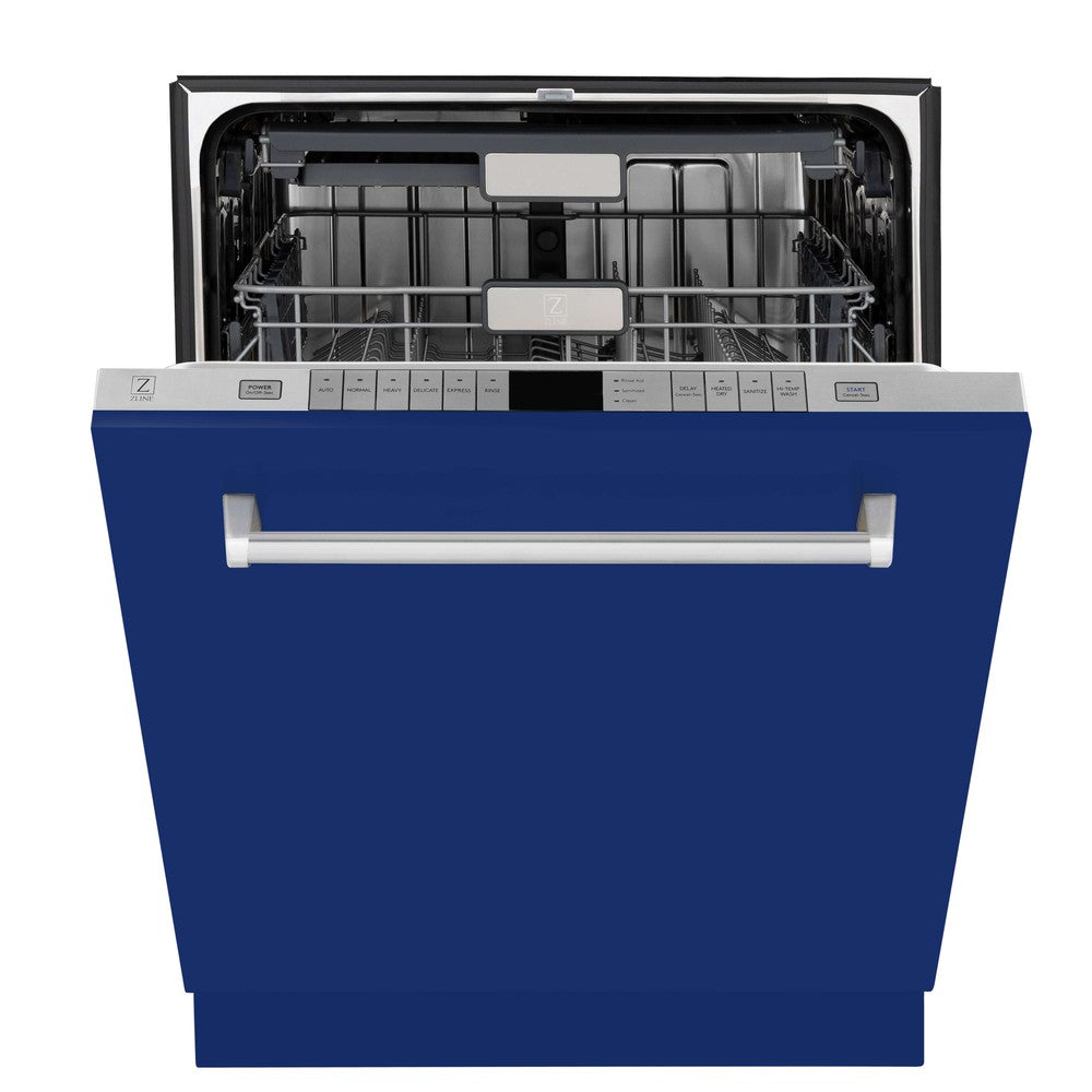 ZLINE 24 in. Monument Series 3rd Rack Top Touch Control Dishwasher in Blue Gloss with Stainless Steel Tub, 45dBa (DWMT-BG-24) front, half open.