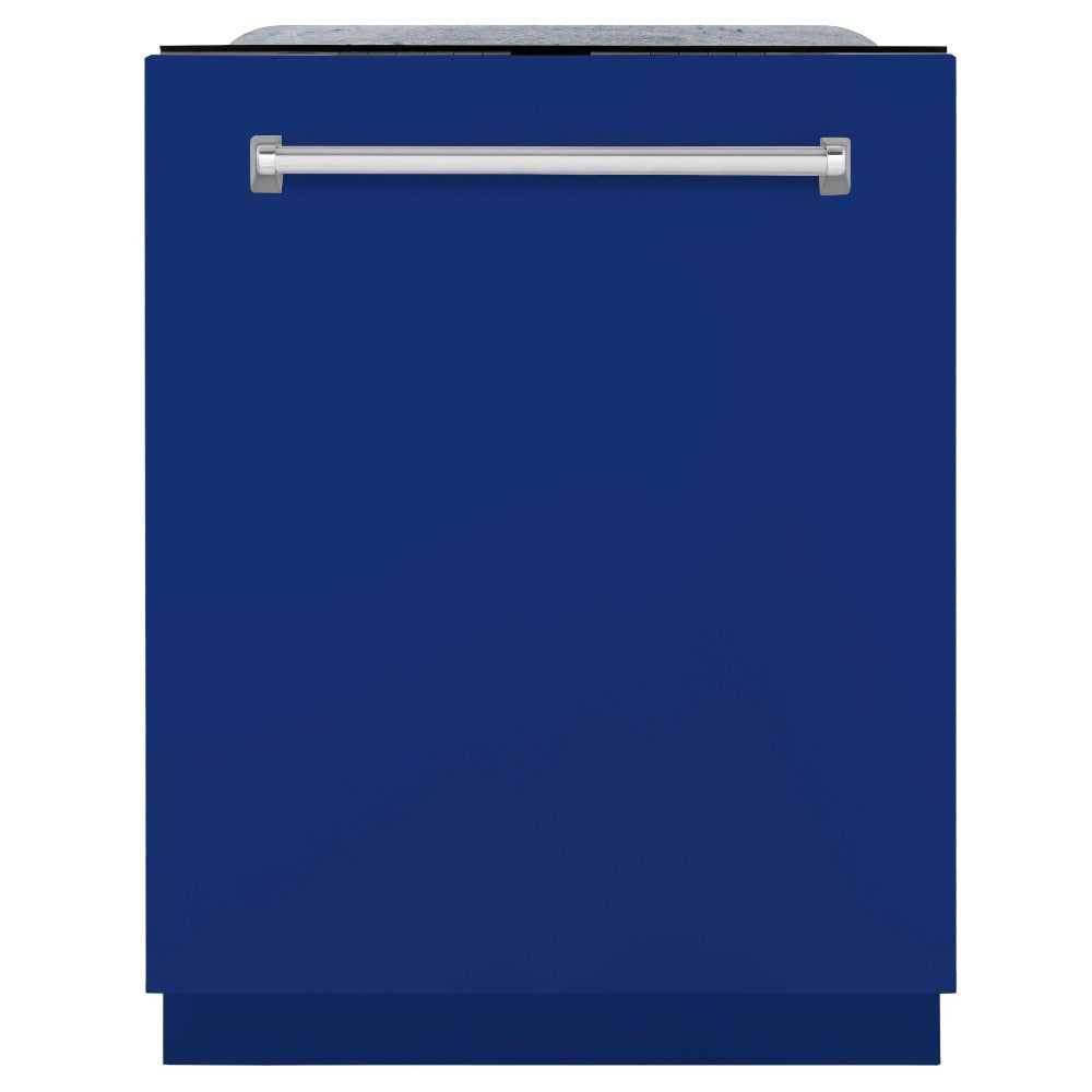 ZLINE 24 in. Monument Series 3rd Rack Top Touch Control Dishwasher in Blue Gloss with Stainless Steel Tub, 45dBa (DWMT-BG-24) front, closed.