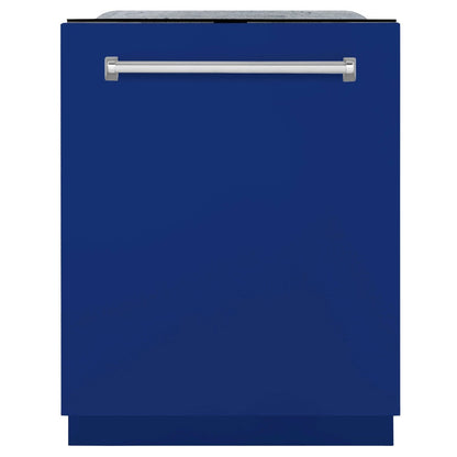 ZLINE 24 in. Monument Series 3rd Rack Top Touch Control Dishwasher in Blue Gloss with Stainless Steel Tub, 45dBa (DWMT-BG-24) front, closed.