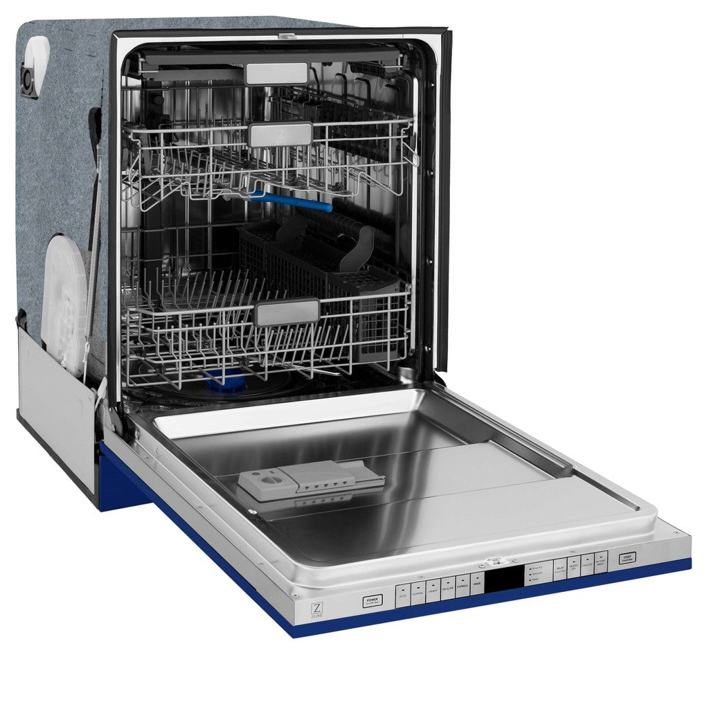 ZLINE 24 in. Monument Series 3rd Rack Top Touch Control Dishwasher in Blue Matte with Stainless Steel Tub, 45dBa (DWMT-24-BM) side, open.