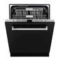 ZLINE 24 in. Monument Series 3rd Rack Top Touch Control Dishwasher in Black Matte with Stainless Steel Tub, 45dBa (DWMT-BLM-24) front, half open.