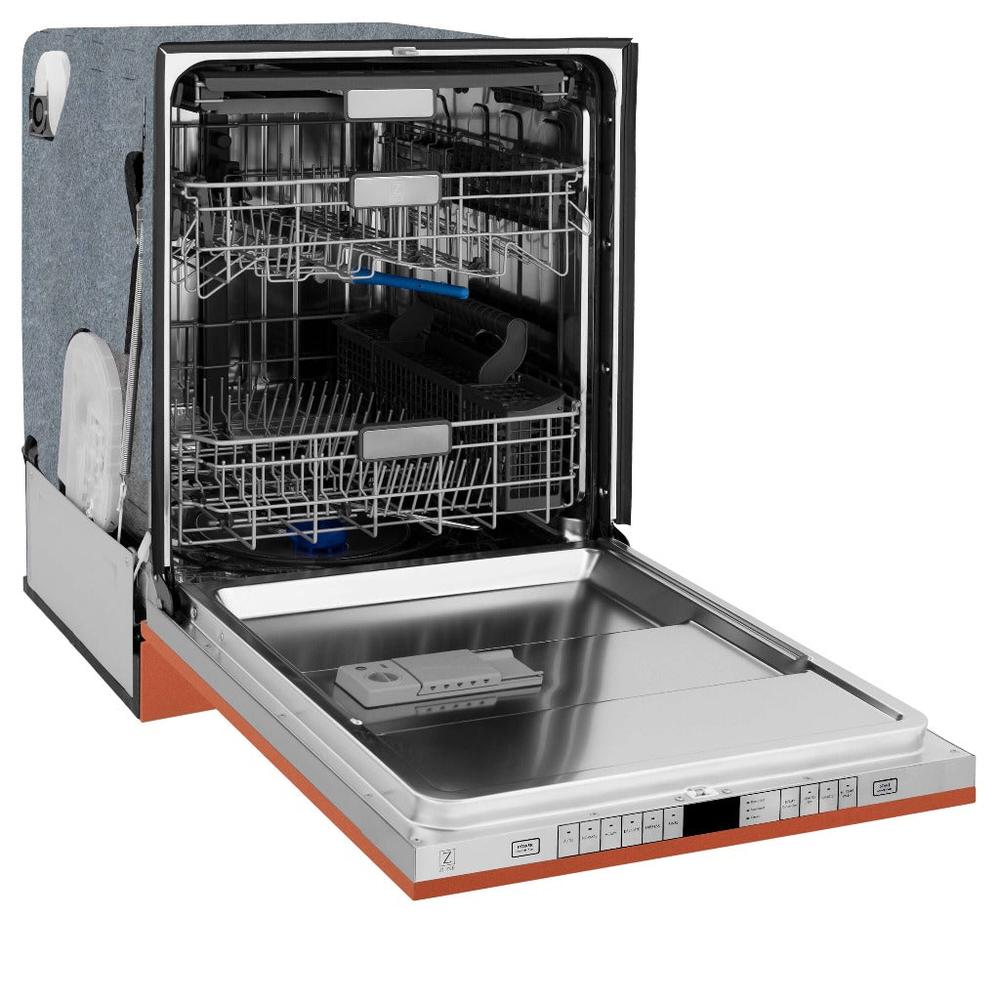 ZLINE 24 in. Monument Series 3rd Rack Top Touch Control Dishwasher in Copper with Stainless Steel Tub, 45dBa (DWMT-C-24) side, open.