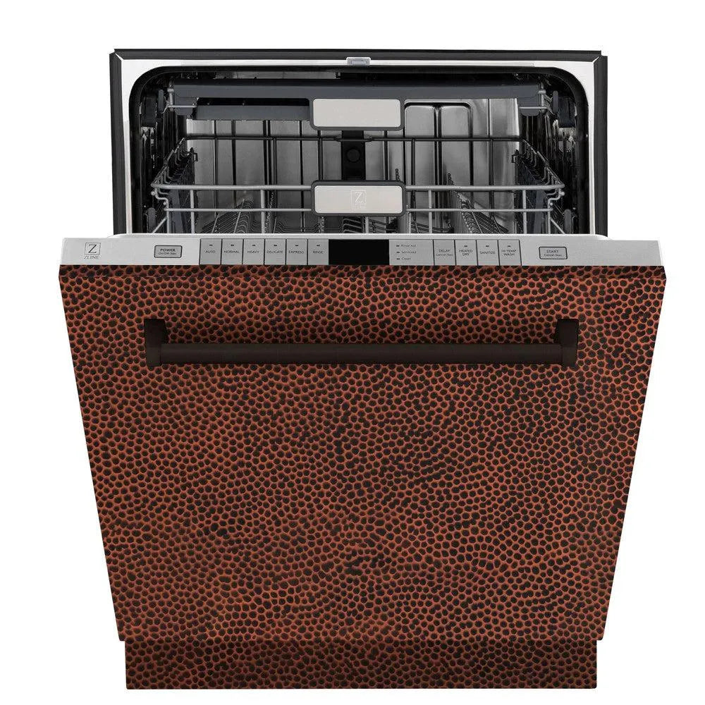 ZLINE 24 in. Monument Series 3rd Rack Top Touch Control Dishwasher in Hand Hammered Copper with Stainless Steel Tub, 45dBa (DWMT-HH-24) front, half open.