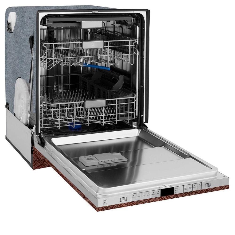 ZLINE 24 in. Monument Series 3rd Rack Top Touch Control Dishwasher in Hand Hammered Copper with Stainless Steel Tub, 45dBa (DWMT-HH-24) side, open.