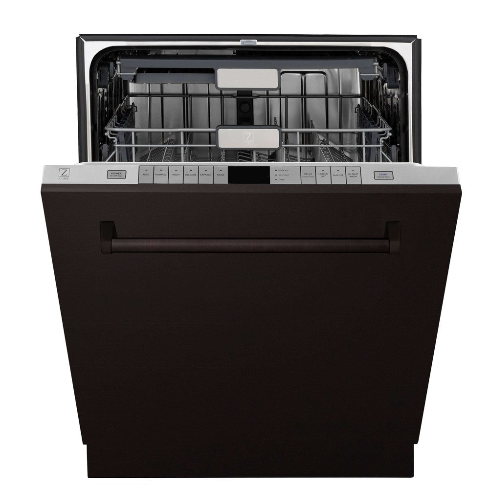 ZLINE 24 in. Monument Series 3rd Rack Top Touch Control Dishwasher in Oil Rubbed Bronze with Stainless Steel Tub, 45dBa (DWMT-ORB-24) front, half open.