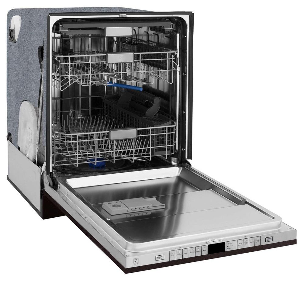 ZLINE 24 in. Monument Series 3rd Rack Top Touch Control Dishwasher in Oil Rubbed Bronze with Stainless Steel Tub, 45dBa (DWMT-ORB-24) side, open.