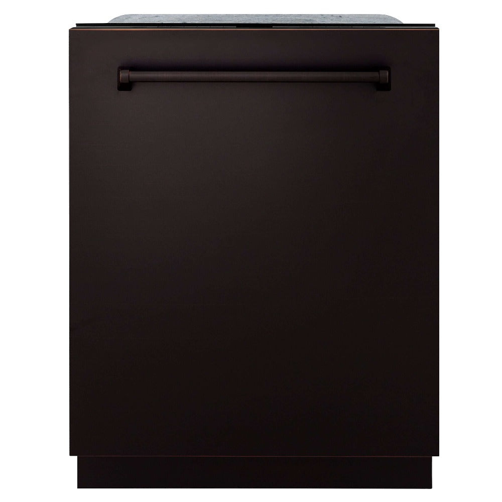 ZLINE 24 in. Monument Series 3rd Rack Top Touch Control Dishwasher in Oil Rubbed Bronze with Stainless Steel Tub, 45dBa (DWMT-ORB-24) front, closed.