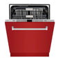 ZLINE 24 in. Monument Series 3rd Rack Top Touch Control Dishwasher in Red Gloss with Stainless Steel Tub, 45dBa (DWMT-RG-24) front, half open.