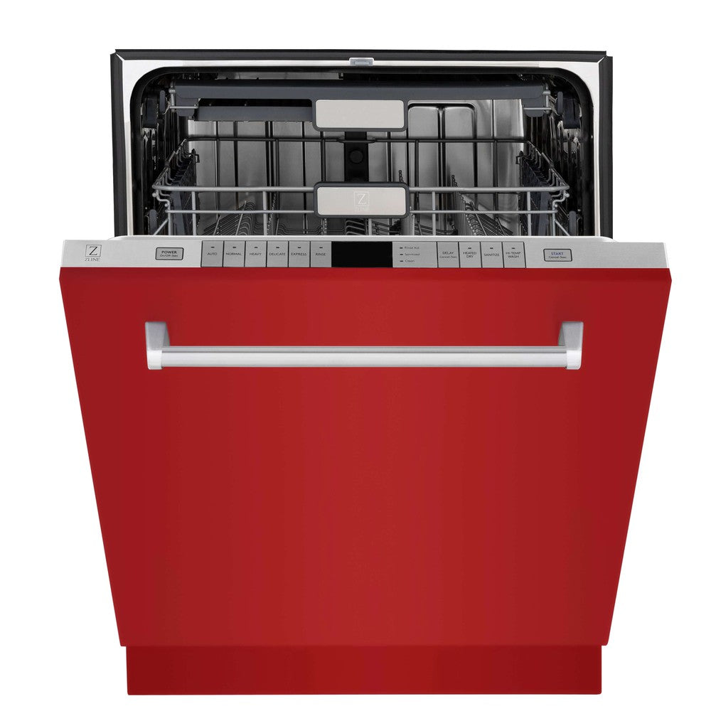 ZLINE 24 in. Monument Series 3rd Rack Top Touch Control Dishwasher in Red Gloss with Stainless Steel Tub, 45dBa (DWMT-RG-24) front, half open.