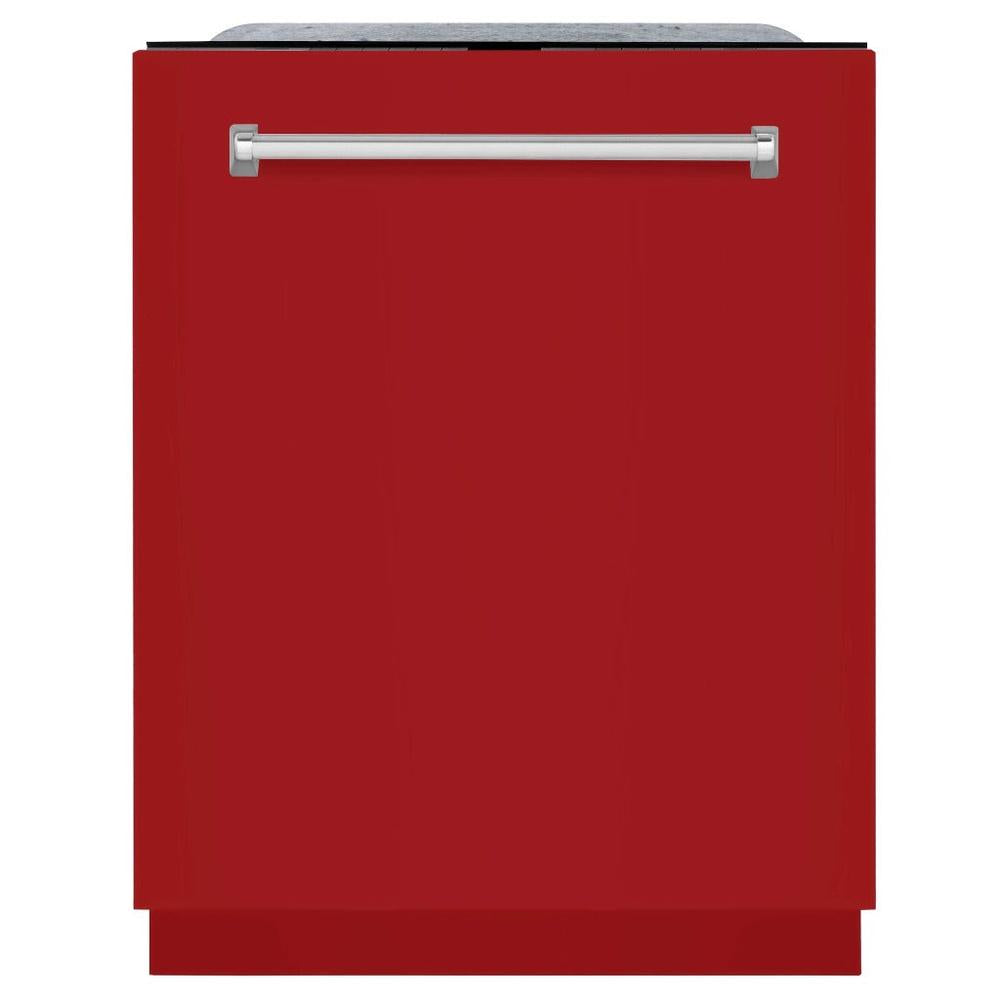ZLINE 24 in. Monument Series 3rd Rack Top Touch Control Dishwasher in Red Gloss with Stainless Steel Tub, 45dBa (DWMT-RG-24) front, closed.