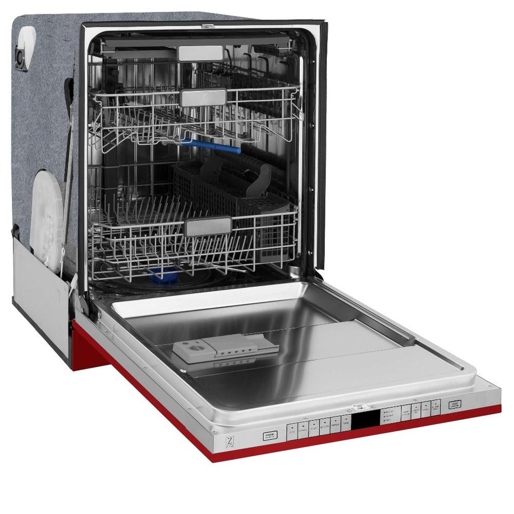 ZLINE 24 in. Monument Series 3rd Rack Top Touch Control Dishwasher in Red Gloss with Stainless Steel Tub, 45dBa (DWMT-RG-24) side, open.